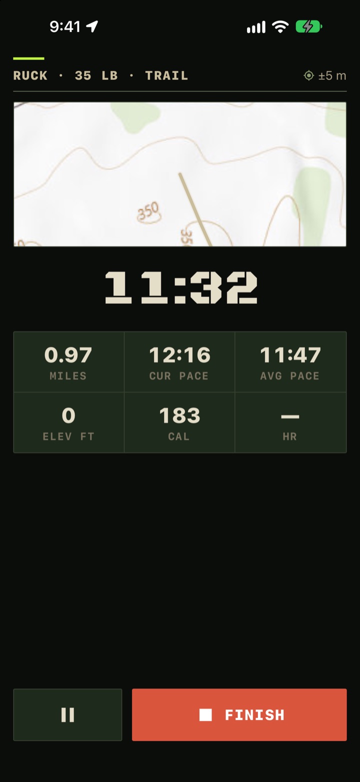 Lensatic recording a 35 lb trail ruck: elapsed time, miles, pace and calories over a topographic map